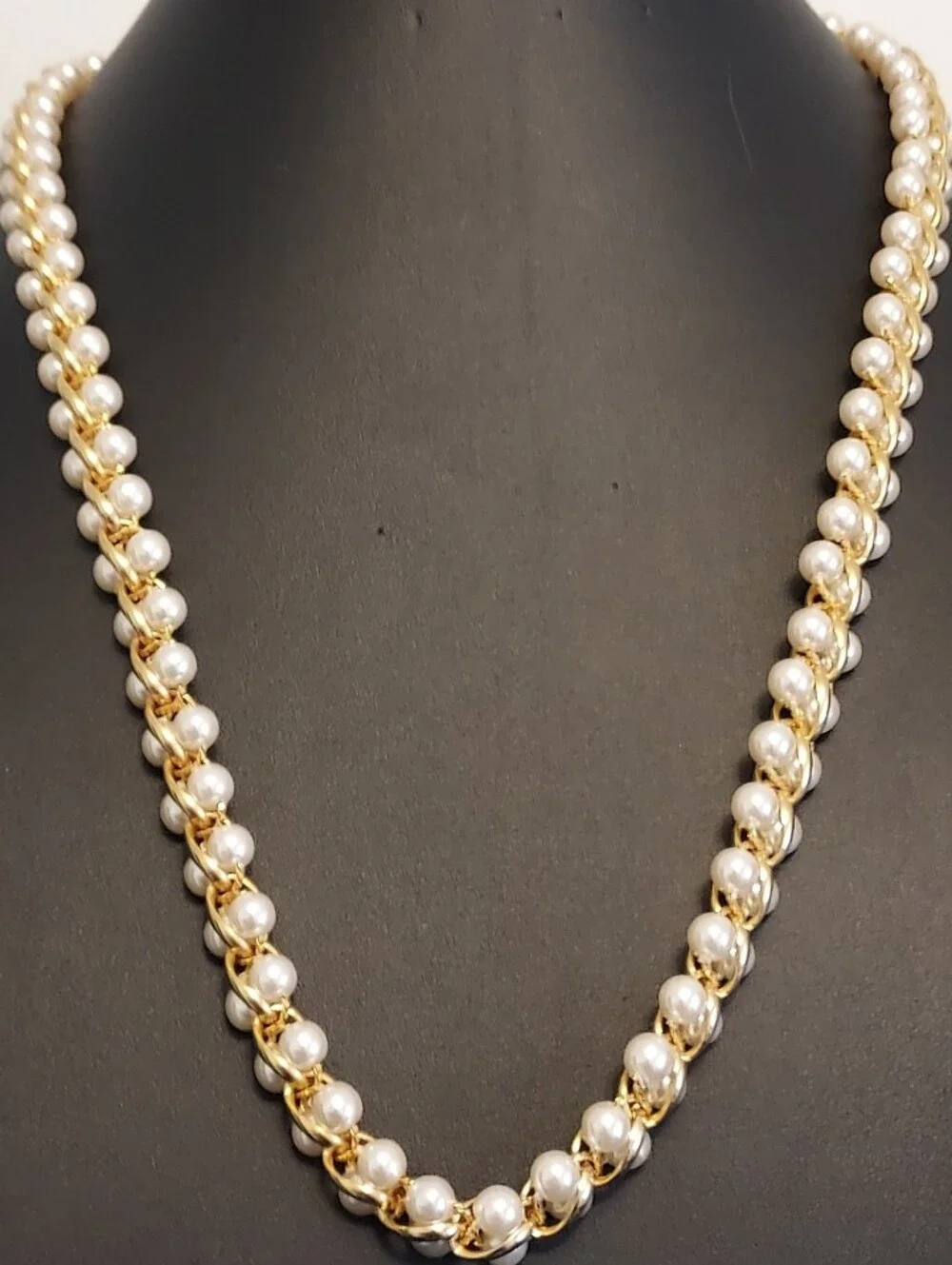 Vintage Interwoven Gold Chain & Faux Pearl Statement Necklace